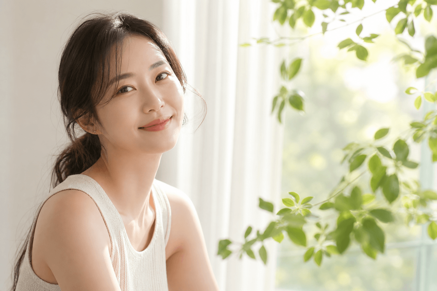 햇살 드는 창가에서 미소 짓는 한국인 여성 — 서울베스트외과 자가혈 주사 클리닉