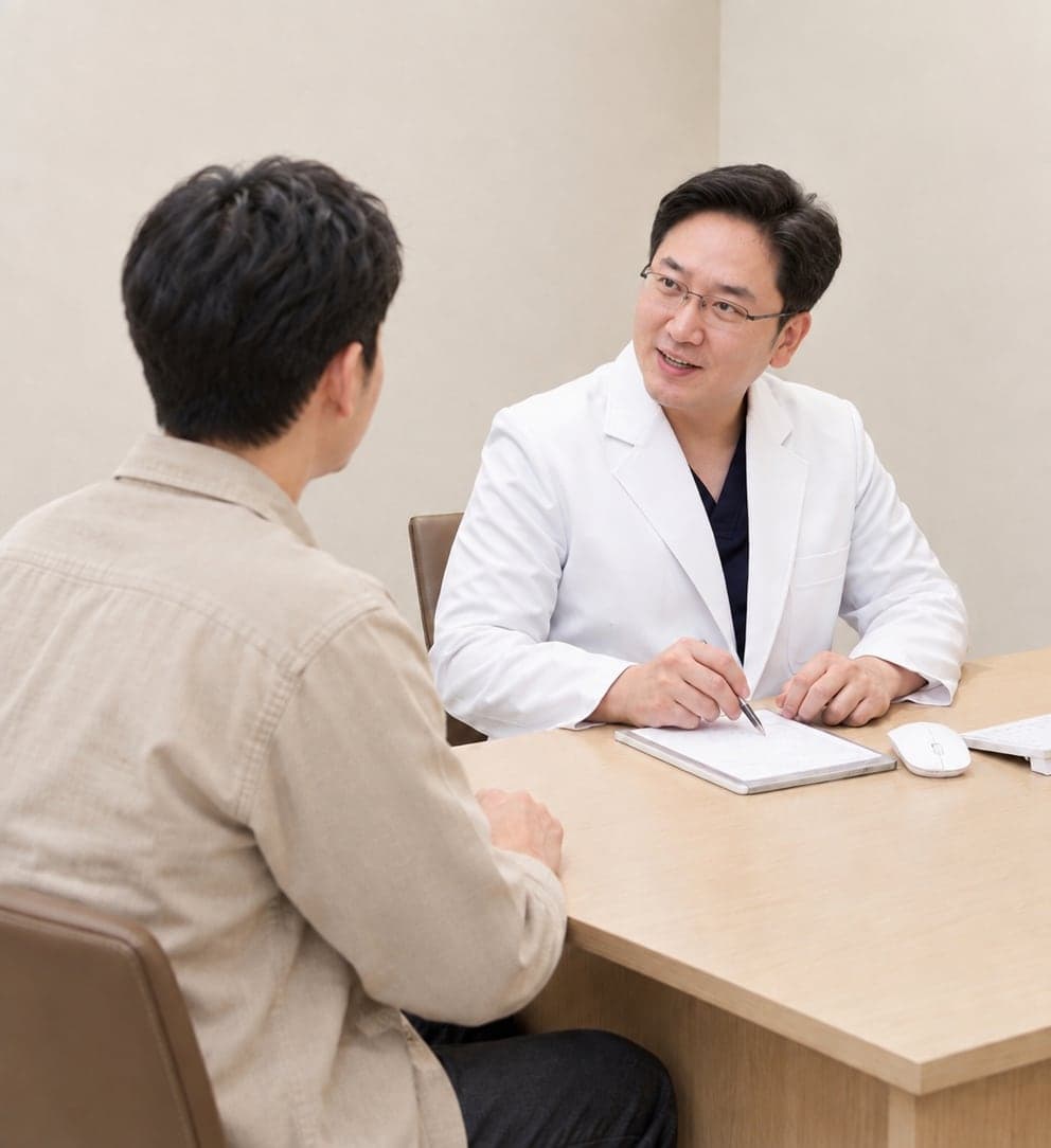 정준우 원장이 남성 환자에게 설명하는 상담 장면