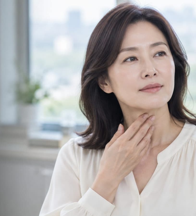 목 앞쪽에 손을 댄 한국인 여성