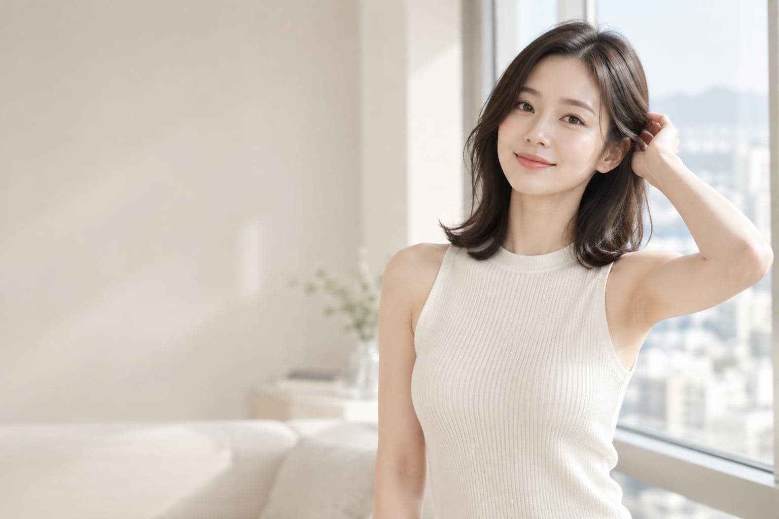 민소매 니트를 입고 머리를 넘기는 여성(모델)