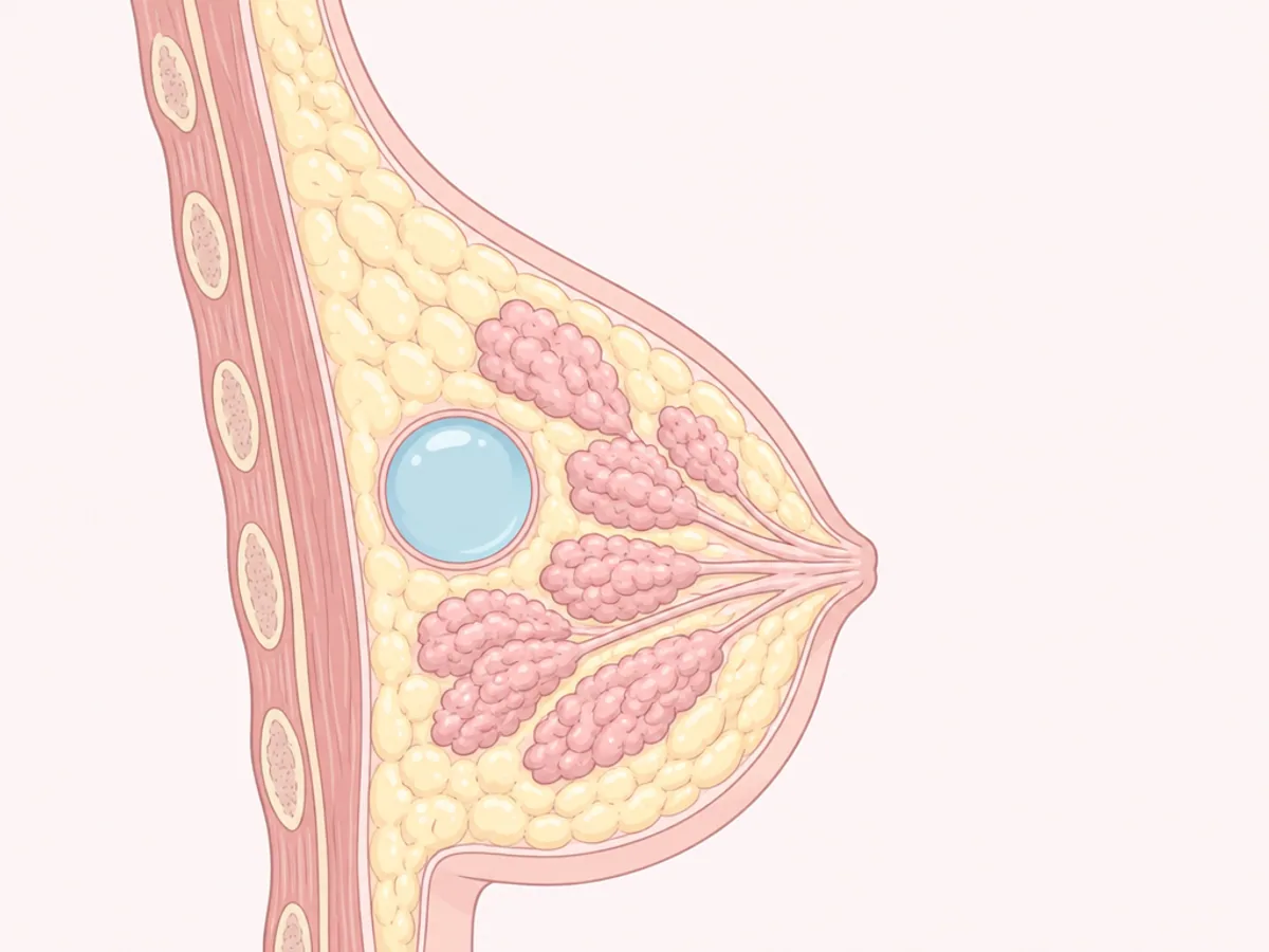 유방 단면 안에 액체가 찬 둥근 주머니인 낭종이 자리한 모습을 그린 설명 그림