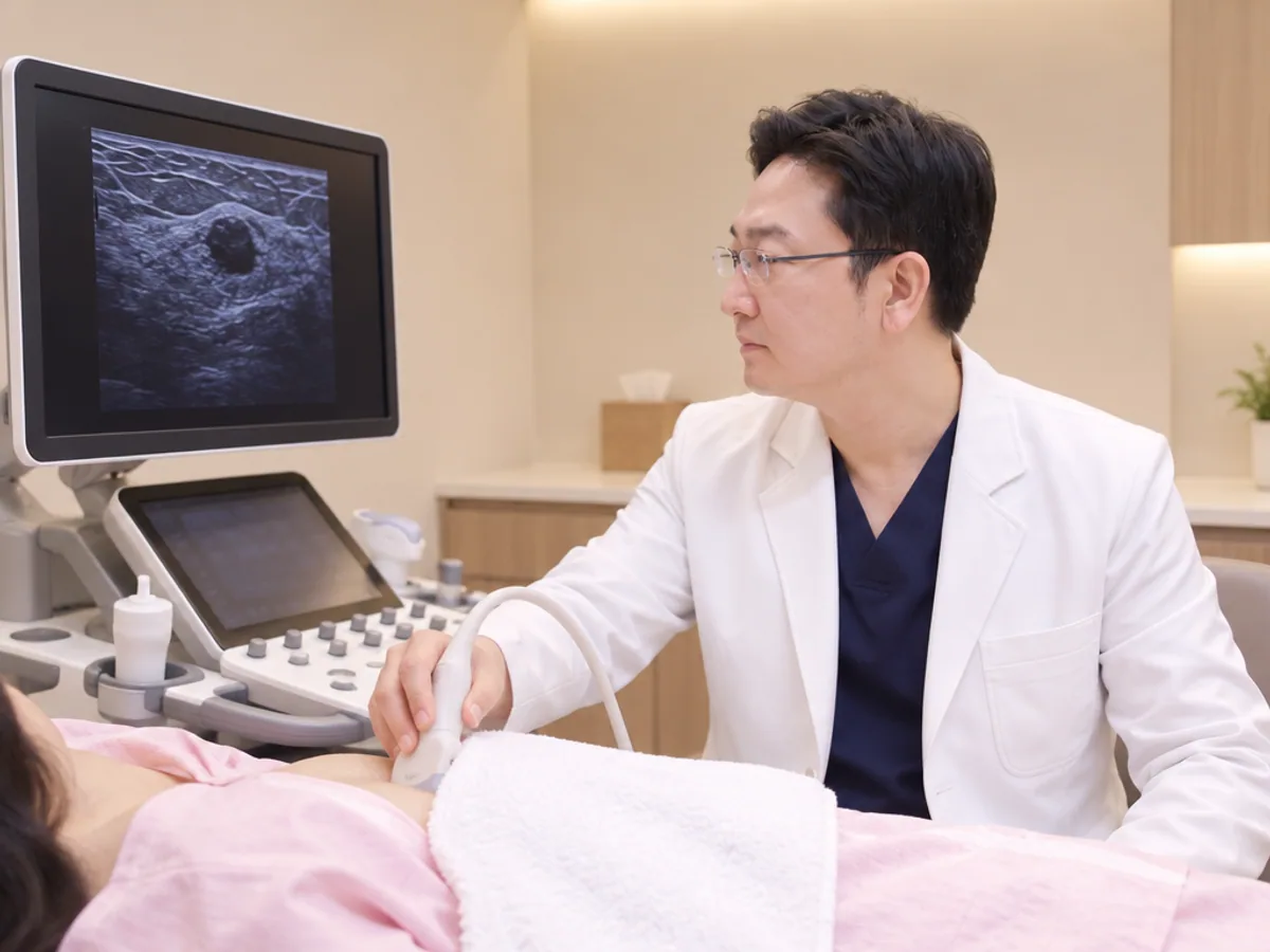 의사가 가운을 덮은 환자의 유방초음파 화면을 살펴보는 진료 장면