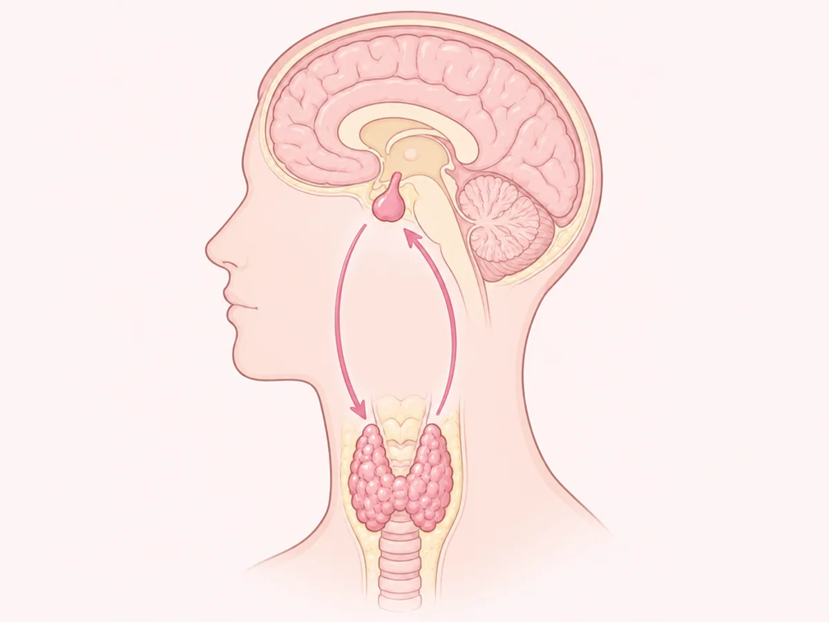 뇌하수체가 TSH 신호를 보내고 갑상선이 호르몬으로 답하는 되먹임 구조를 그린 그림입니다.