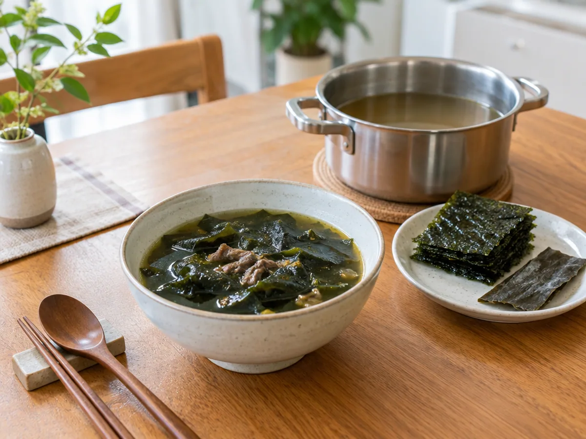 미역국과 구운 김과 마른 다시마가 놓인 가정 식탁